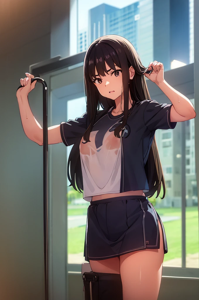 (wearing ,gym uniform:1.3),{{{{gym uniform:see through:1.5}}}},{{{,gym uniform are wet with water}}},{{be wet in the body,water immersion,steam,sweat:1.3}}, {erect nipples},Top quality, 1 beautiful Japanese woman, teen,high school student,(18 years old),medium hair, (Black hair:1.2), Ultra-realistic capture, Highly detailed, High resolution 16k close-up of human skin. Skin texture must be natural, With such detail that pores can be finely identified. Skin should look healthy, In a uniform tone. Use natural light and color,