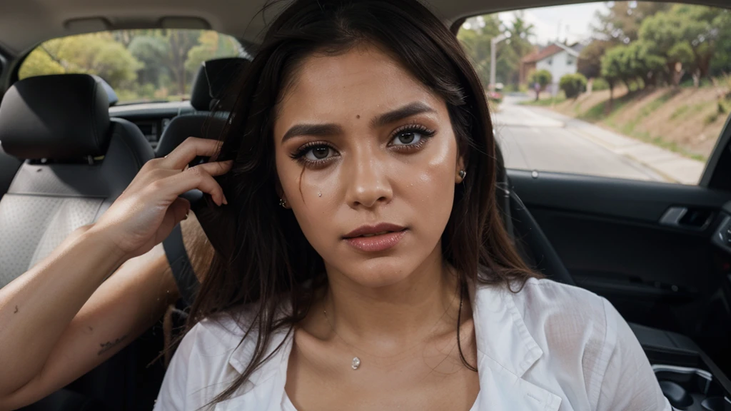 do her now in a car crying and makeup smeared, muitas lagrimas no rosto