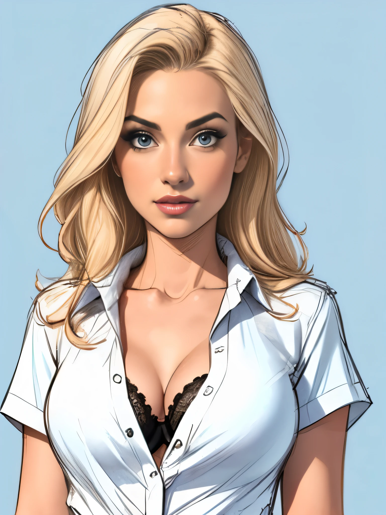 Medium full shot. sketch. 1 ultra hot gorgeous woman. Age 23.，blonde hair. Blue background. ((White shirt blouse)) Black sheer D cup bra. ((Black and white sketch)).