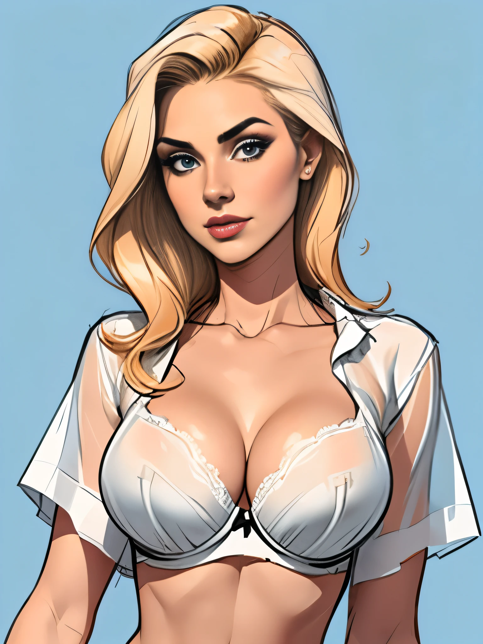 Medium full shot. sketch. 1 ultra hot gorgeous woman. Age 23.,blonde hair. Blue background. ((White shirt blouse)) Black sheer D cup bra. ((Black and white sketch)).