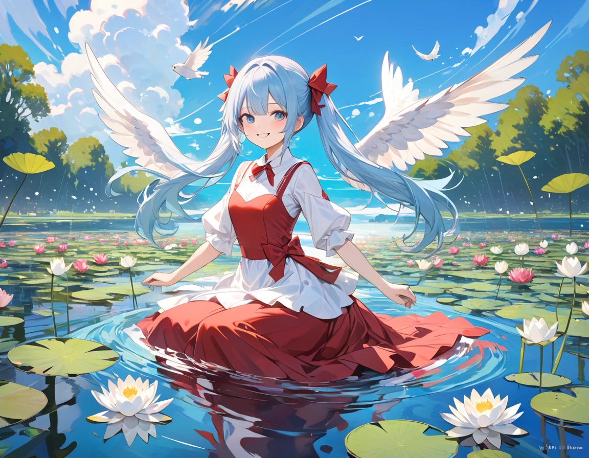 Light blue long hair,Beautiful girl with twin tails、water.Vivid water lilies(many, Impressionism, oil)、Red dress、Bright smile、Masterpiece、Blue Sky、A white owl flies in the sky