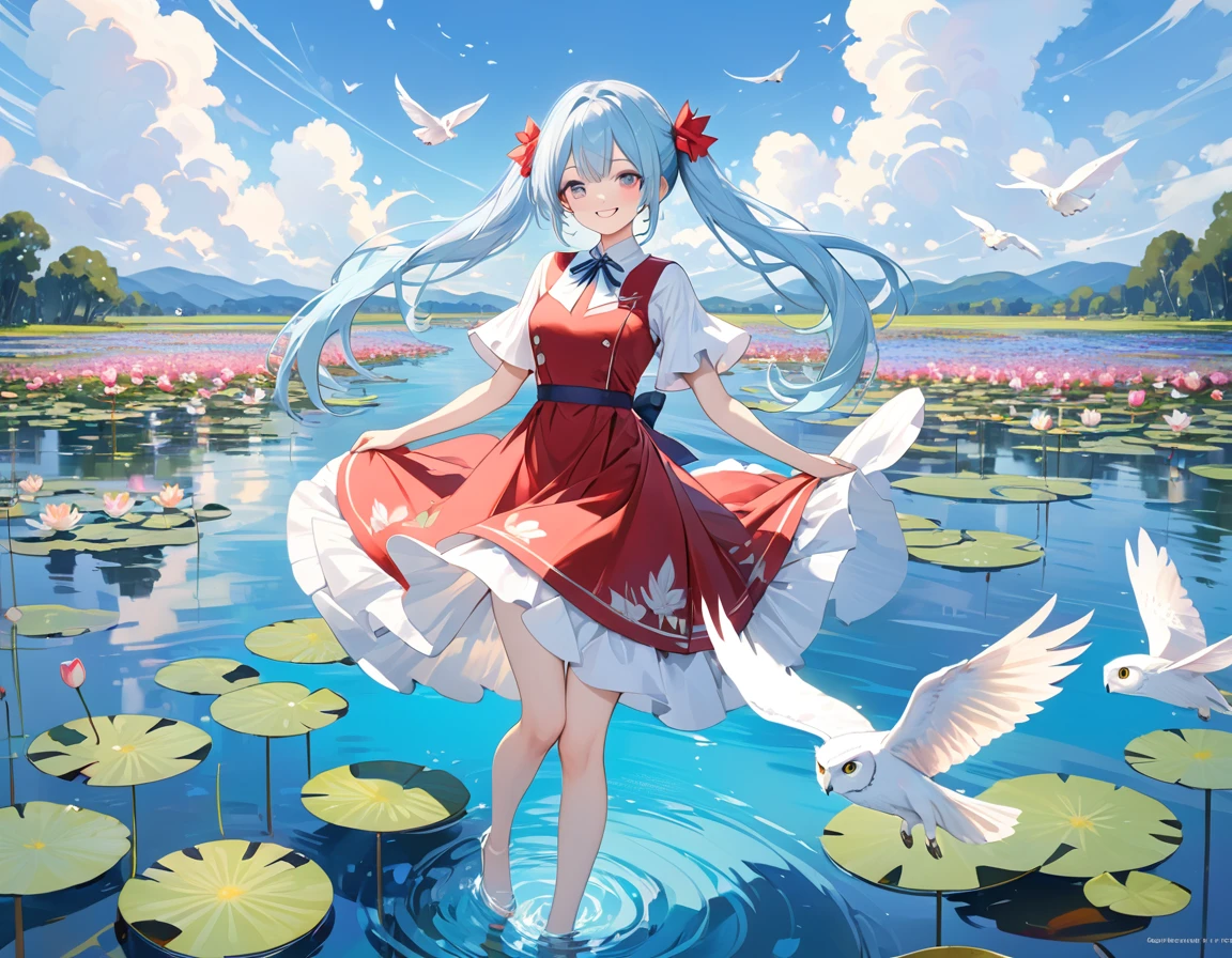 Light blue long hair,Beautiful girl with twin tails、water.Vivid water lilies(many, Impressionism, oil)、Red dress、Bright smile、Masterpiece、Blue Sky、A white owl flies in the sky