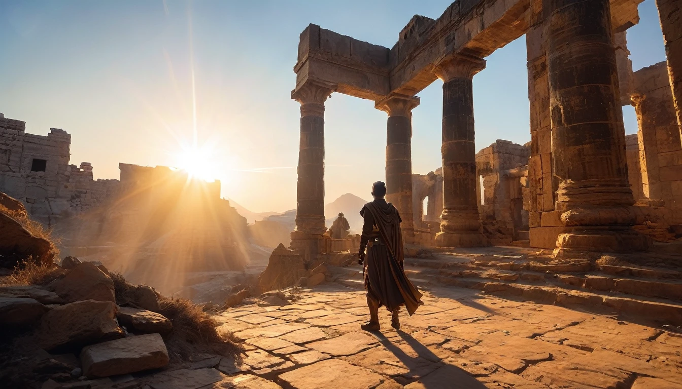 In a composition worthy of Star Wars, The camera is positioned at a low angle, capturing the vast desert with a wide-angle lens to emphasize the immensity of the scene and the heroic figure of the Jedi. The lightsaber is captured in a close-up, with a bokeh that highlights its brightness against the blurred background of the ancient ruins. Sunset light creates lens flare, adding drama to the scene. The composition is balanced with the Jedi positioned in the left third of the image, olhando para o lado direito, where the sun sets and the shadows of the ruins fall, suggesting a visual narrative of adventure and mystery.hyper realistic composition,32k resolution; use the rule of thirds.