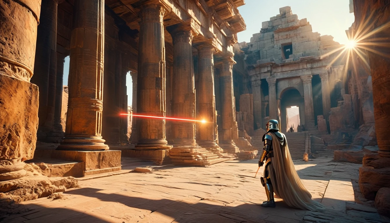 In a composition worthy of Star Wars, The camera is positioned at a low angle, capturing the vast desert with a wide-angle lens to emphasize the immensity of the scene and the heroic figure of the Jedi. The lightsaber is captured in a close-up, with a bokeh that highlights its brightness against the blurred background of the ancient ruins. Sunset light creates lens flare, adding drama to the scene. The composition is balanced with the Jedi positioned in the left third of the image, olhando para o lado direito, where the sun sets and the shadows of the ruins fall, suggesting a visual narrative of adventure and mystery.hyper realistic composition,32k resolution; use the rule of thirds.