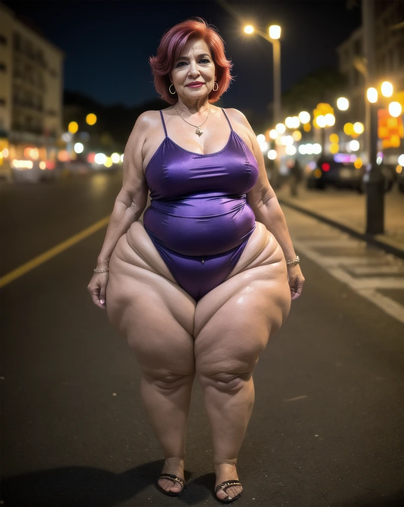 Beautiful 65 year old grandmother, mulher idosa de cabelos brancos, with her back to the camera showing a huge ass, cintura muito fina, quadril largo, beautiful grandmother, linda velha, night and urban scenery with bokeh and flares on camera