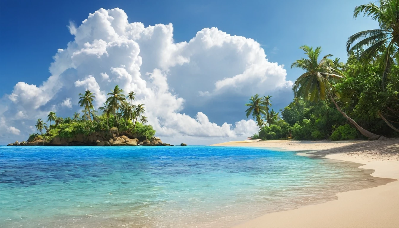 arafed island with palm trees and a sandy beach, tropical island, epic matte painting of an island, island in a blue sea, monsoon on tropical island, tropical location, island with cave, many islands, no humans, tree, cloud, sky, outdoors, scenery, day, palm tree, ocean, water, beach, blue sky, horizon, cloudy sky, nature, sand