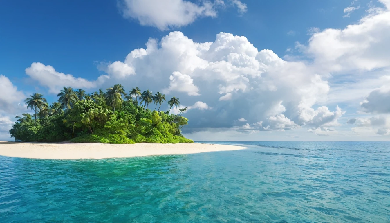 arafed island with palm trees and a sandy beach, tropical island, epic matte painting of an island, island in a blue sea, monsoon on tropical island, tropical location, island with cave, many islands, no humans, tree, cloud, sky, outdoors, scenery, day, palm tree, ocean, water, beach, blue sky, horizon, cloudy sky, nature, sand