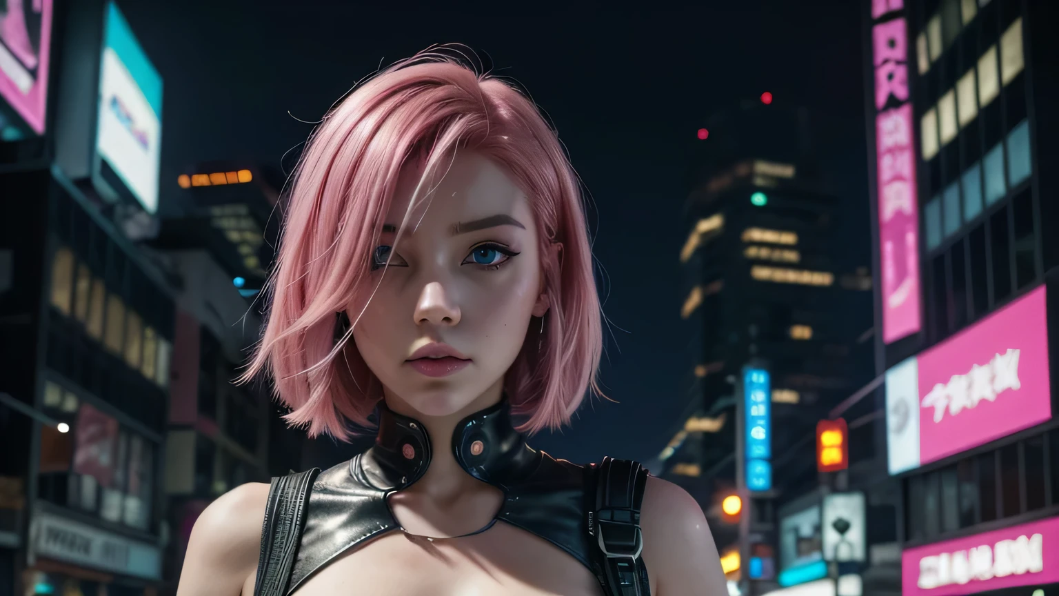 cyberpunk style woman with pink hair and blue eyes walking in a futuristic