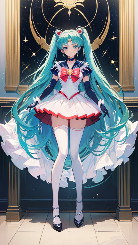 ((((masterpiece, high quality, very_high_resolution, anime colored, Elaborate design, visual art, high quality)))), 1 girl, Hatsune Miku, big , ((Bishoujo Senshi Sailor Moon costume)), miniskirt, long gloves, inside the room, white stockings, beautiful eyes, ultimate physical beauty, top quality,