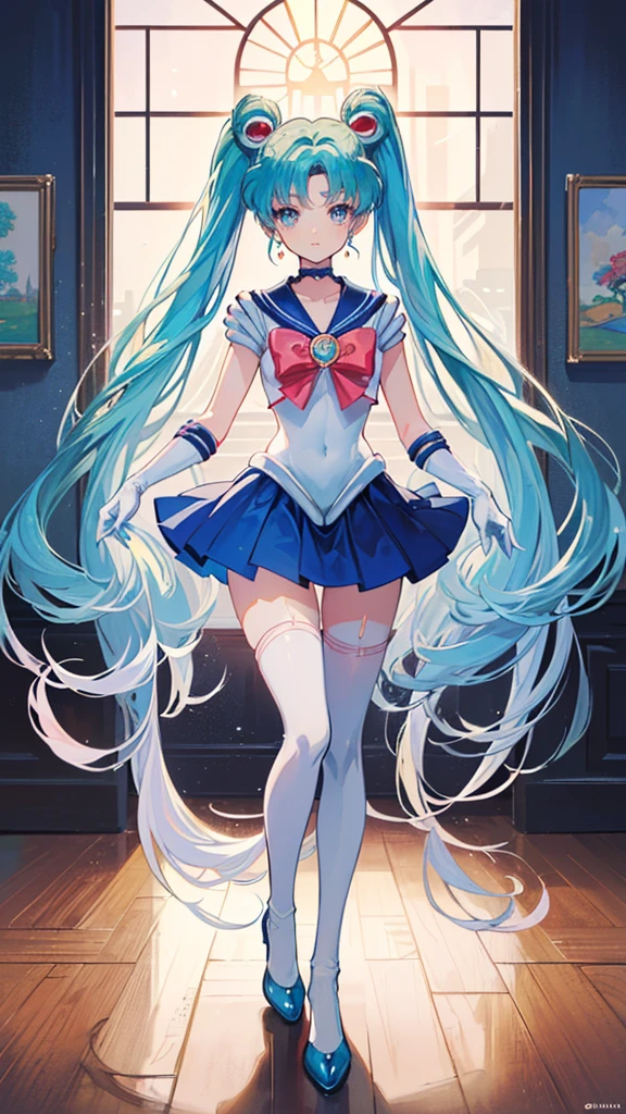 1 girl, Hatsune Miku, big , ((Bishoujo Senshi Sailor Moon costume)), miniskirt, long gloves, inside the room, white stockings, beautiful eyes, ultimate physical beauty, top quality,