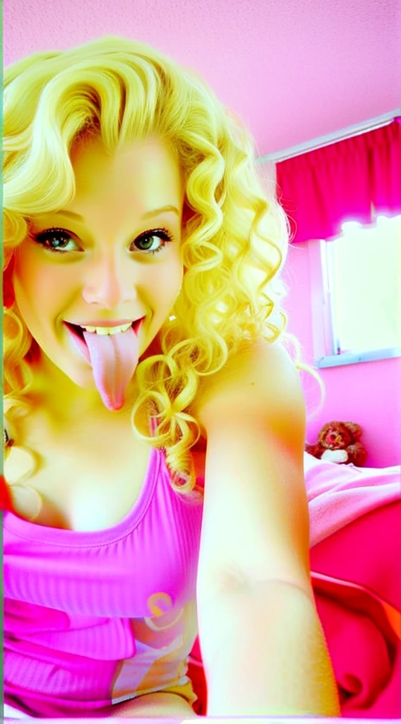 Blonde curly girl taking selfie from her bed age22 playfully sticking out her tongue