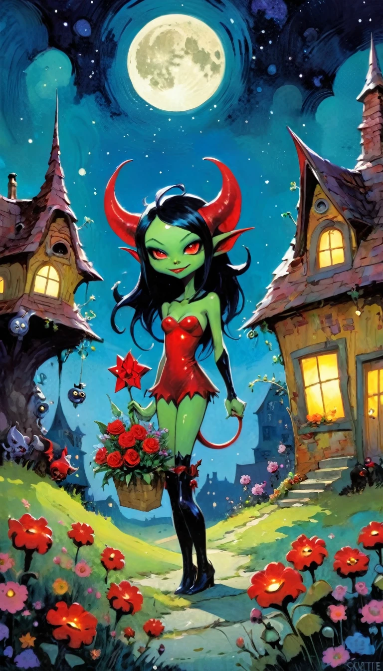 a demon brings flowers as a gift in love to a pretty and sexy demon girl, village of little and funny demons, impressive landscape, little and funny demons, magical, fantastic, night sky, moon, stars, cute, adorable, background, ( demon houses (art inspired by Skottie Young and Bill Sienkiewicz). oil painting)