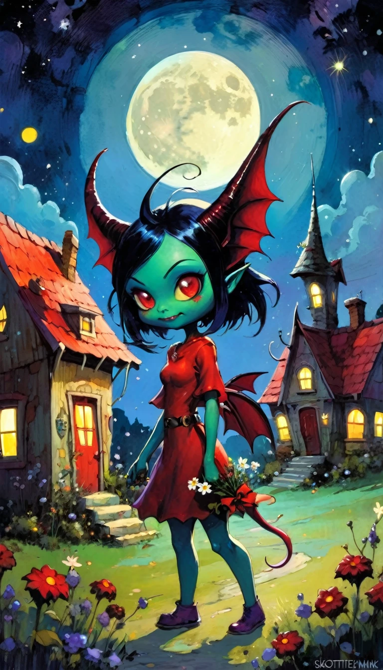 a demon brings flowers as a gift in love to a pretty and sexy demon girl, village of little and funny demons, impressive landscape, little and funny demons, magical, fantastic, night sky, moon, stars, cute, adorable, background, ( demon houses (art inspired by Skottie Young and Bill Sienkiewicz). oil painting)