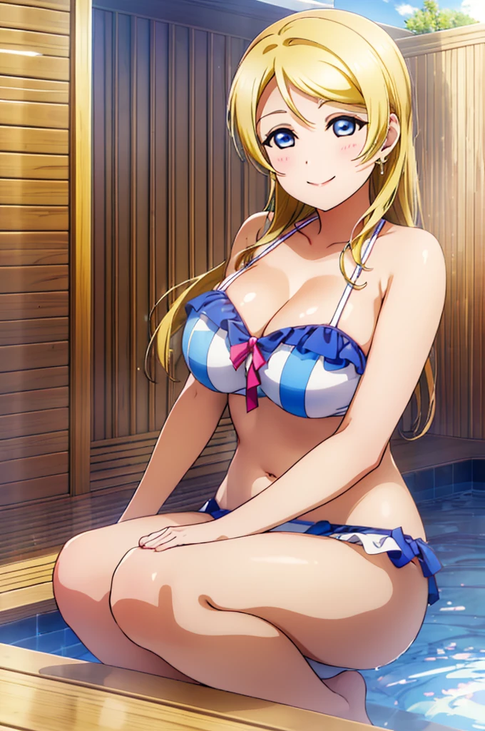 (((pixel-perfect, detail-perfect))), solo, 1girl, Eli ayase, smile, eyes azzur, hair blonde, sauna, bikini, large extreme filesize, ultra High Qality