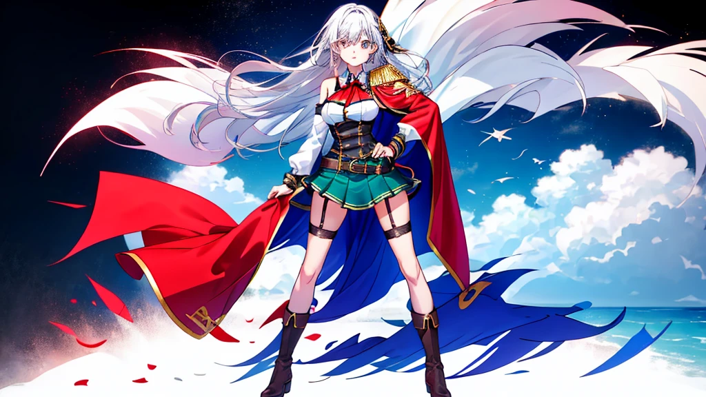 Ultra HD、(masterpiece)、solo、White background、, Ingris Youkes, Hyper HD、With one hand on your hip、Red and white outfit、Full Body View,cute,Silvery white hair、Green Skirt、Red cape with shoulder pads、White Stockings、garter belt、Cowboy Shot,、[3D Images:1.15],Attractive eyes、[[Detailed eyes、Colorful eyes、Shining Eyes:1.15]]