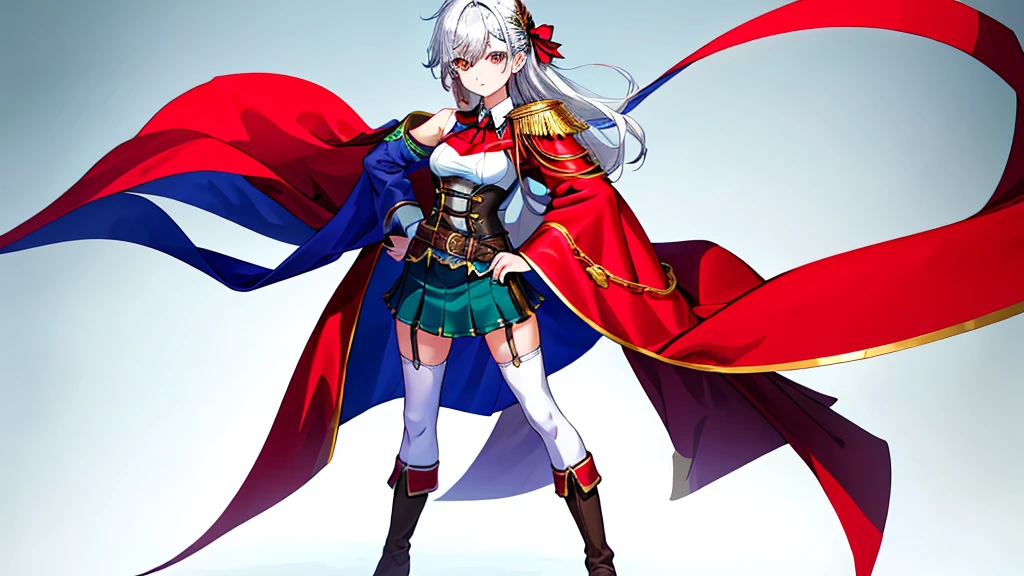 Ultra HD、(masterpiece)、solo、White background、, Ingris Youkes, Hyper HD、With one hand on your hip、Red and white outfit、Full Body View,cute,Silvery white hair、Green Skirt、Red cape with shoulder pads、White Stockings、garter belt、Cowboy Shot,、[3D Images:1.15],Attractive eyes、[[Detailed eyes、Colorful eyes、Shining Eyes:1.15]]