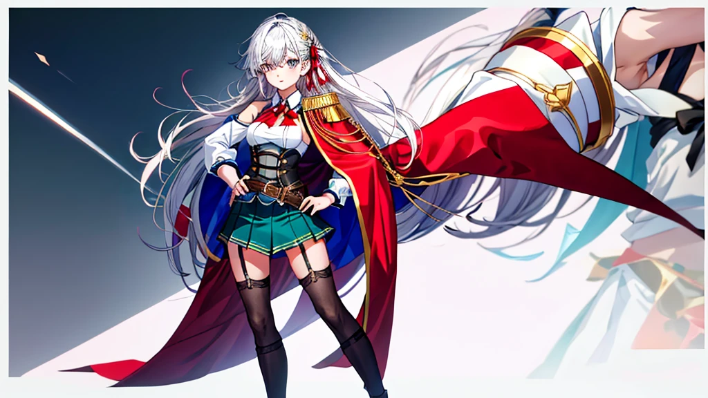 Ultra HD、(masterpiece)、solo、White background、, Ingris Youkes, Hyper HD、With one hand on your hip、Red and white outfit、Full Body View,cute,Silvery white hair、Green Skirt、Red cape with shoulder pads、White Stockings、garter belt、Cowboy Shot,、[3D Images:1.15],Attractive eyes、[[Detailed eyes、Colorful eyes、Shining Eyes:1.15]]