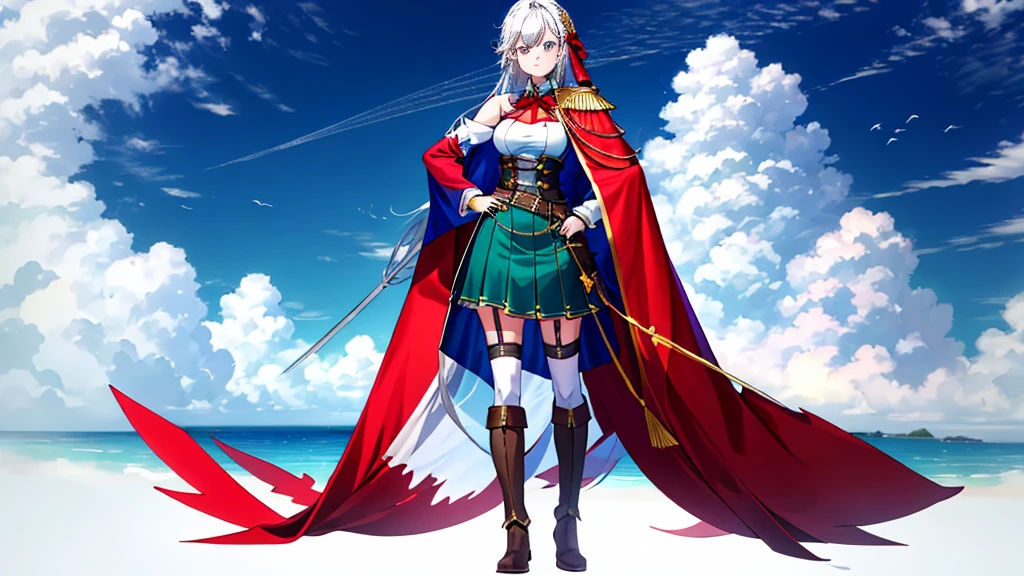 Ultra HD、(masterpiece)、solo、White background、, Ingris Youkes, Hyper HD、With one hand on your hip、Red and white outfit、Full Body View,cute,Silvery white hair、Green Skirt、Red cape with shoulder pads、White Stockings、garter belt、Cowboy Shot,、[3D Images:1.15],Attractive eyes、[[Detailed eyes、Colorful eyes、Shining Eyes:1.15]]