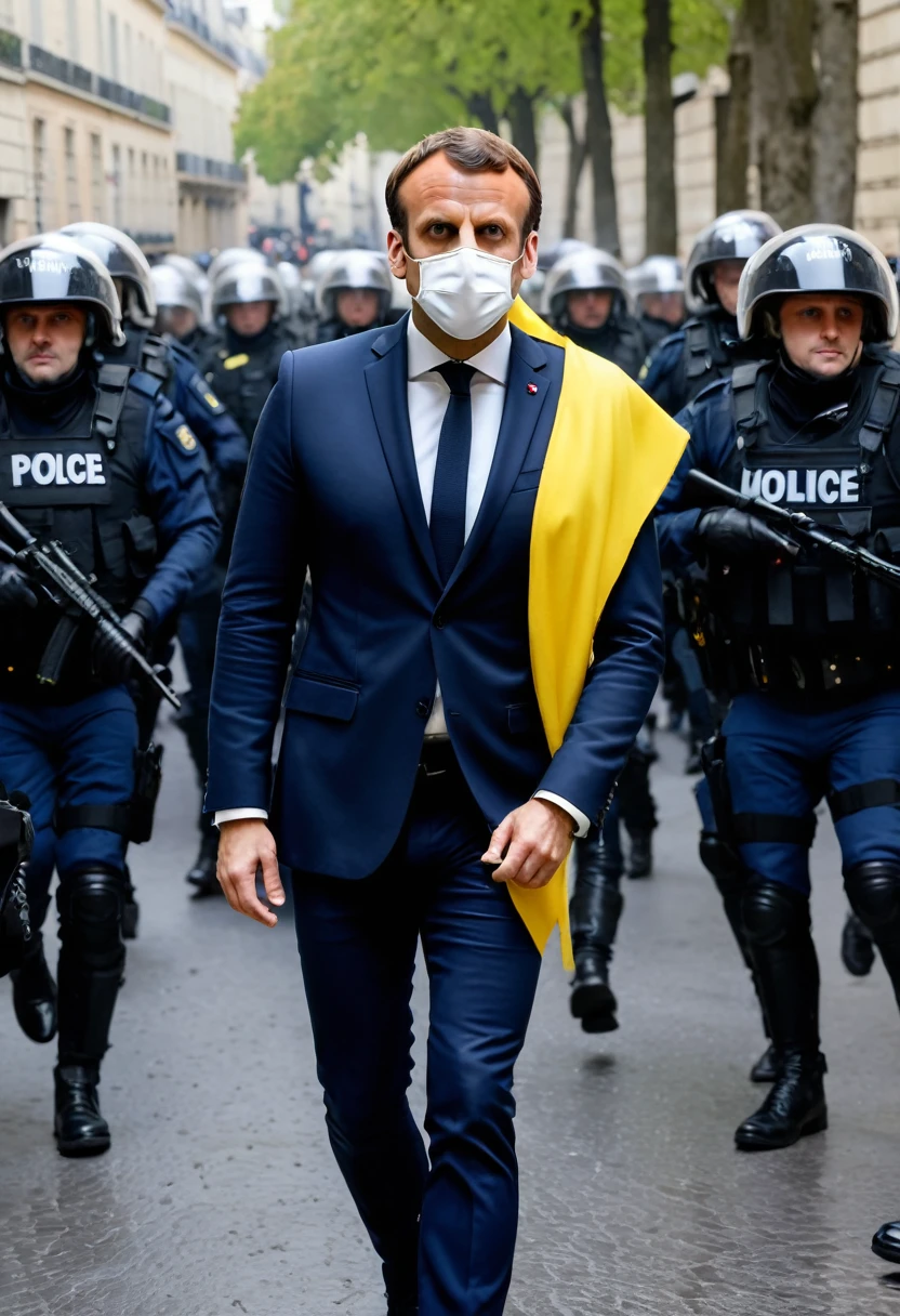 President  macron france self-murder autentique avec le mit ecrit 49.3 en gros 49.3 hud script  style uban revolte giler jaune manifestation france fight with cops uhd ultra definition hd