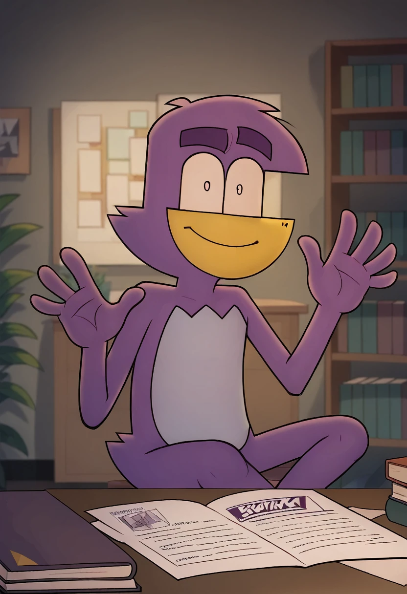 badmascot, solo, looking at viewer, sitting, closed mouth, smile, smiling, happy, waving at viewer, purple hair, artist name, indoors, hand up, blurry, book, pokemon (creature), blurry background, furry, wide-eyed, bookshelf, mascot score_9, score_8_up, score_7_up, score_6_up, score_5_up, score_4_up, constricted pupils