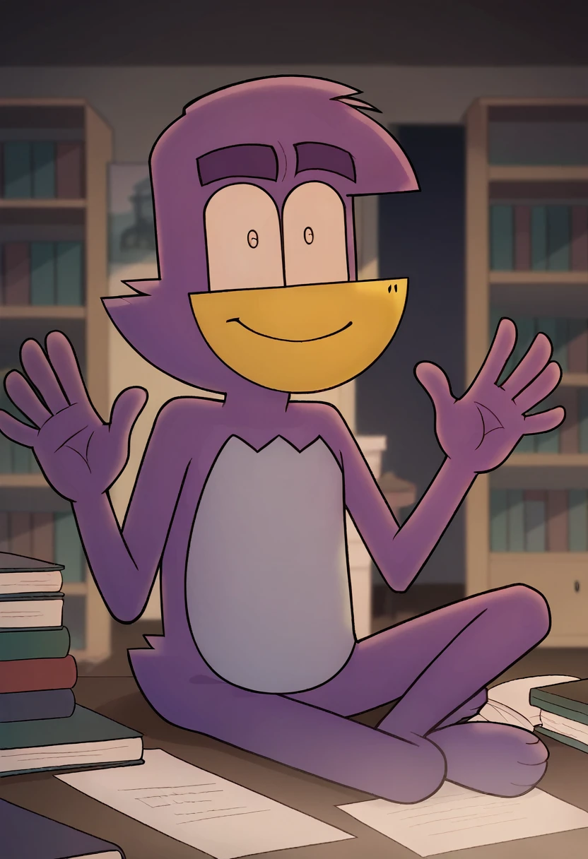 badmascot, solo, looking at viewer, sitting, closed mouth, smile, smiling, happy, waving at viewer, purple hair, artist name, indoors, hand up, blurry, book, pokemon (creature), blurry background, furry, wide-eyed, bookshelf, mascot score_9, score_8_up, score_7_up, score_6_up, score_5_up, score_4_up, constricted pupils