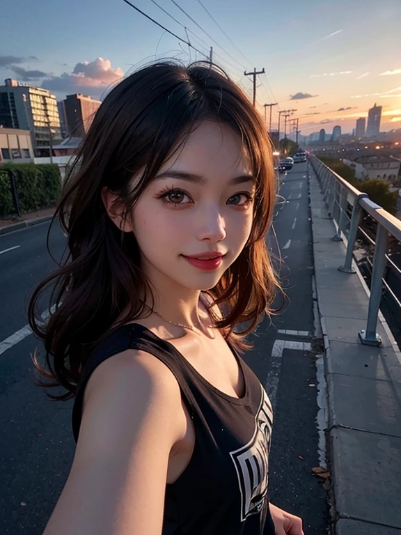 1 punk girl, Selfie, Wind, Messy Hair, sunset, Cityscape, (Aesthetics and atmosphere:1.2),smile