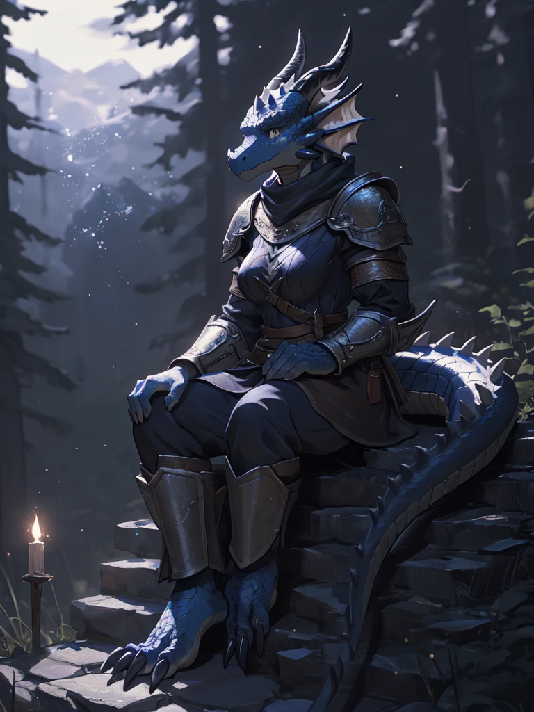 solo, kemono, (dragon), anthro, female, ((black body)), scales, tail, muscles, medium breasts, handsome, armor, medieval, fantasy, outdoors, outside, forest, stars, sitting, toe claws, epic, depth of field, perfect lighting,(best quality),(masterpiece),(ultra detailed),sharp focus,light particles