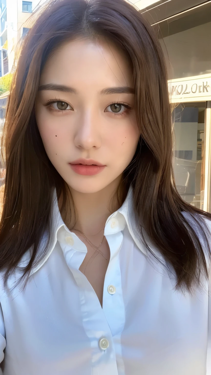 ((Best quality, 8k, Masterpiece :1.3)), Sharp focus :1.2, A pretty woman with perfect figure :1.4, Slender abs :1.2, ((Dark brown hair, Big breasts :1.2)), (White button up long shirt :1.1), City street:1.2, Highly detailed face and skin texture, Detailed eyes, Double eyelid