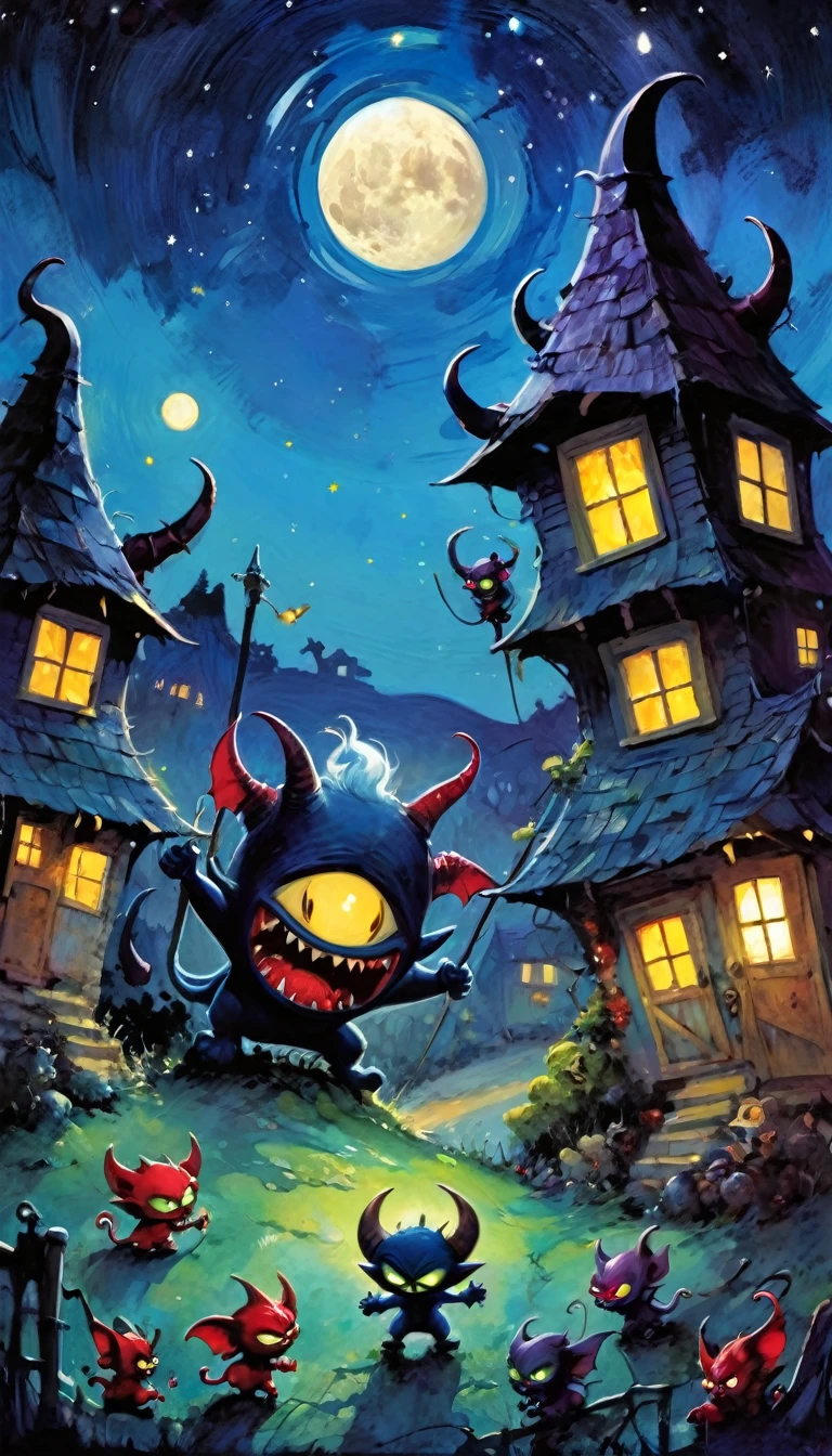 several little demons fight, village of funny little demons, awesome scenery, funny little demons, magical, fantastic, night sky, moon, stars, cute, adorable, background, (demon houses)(art inspired by Skottie Young and Bill Sienkiewicz). oil painting)
