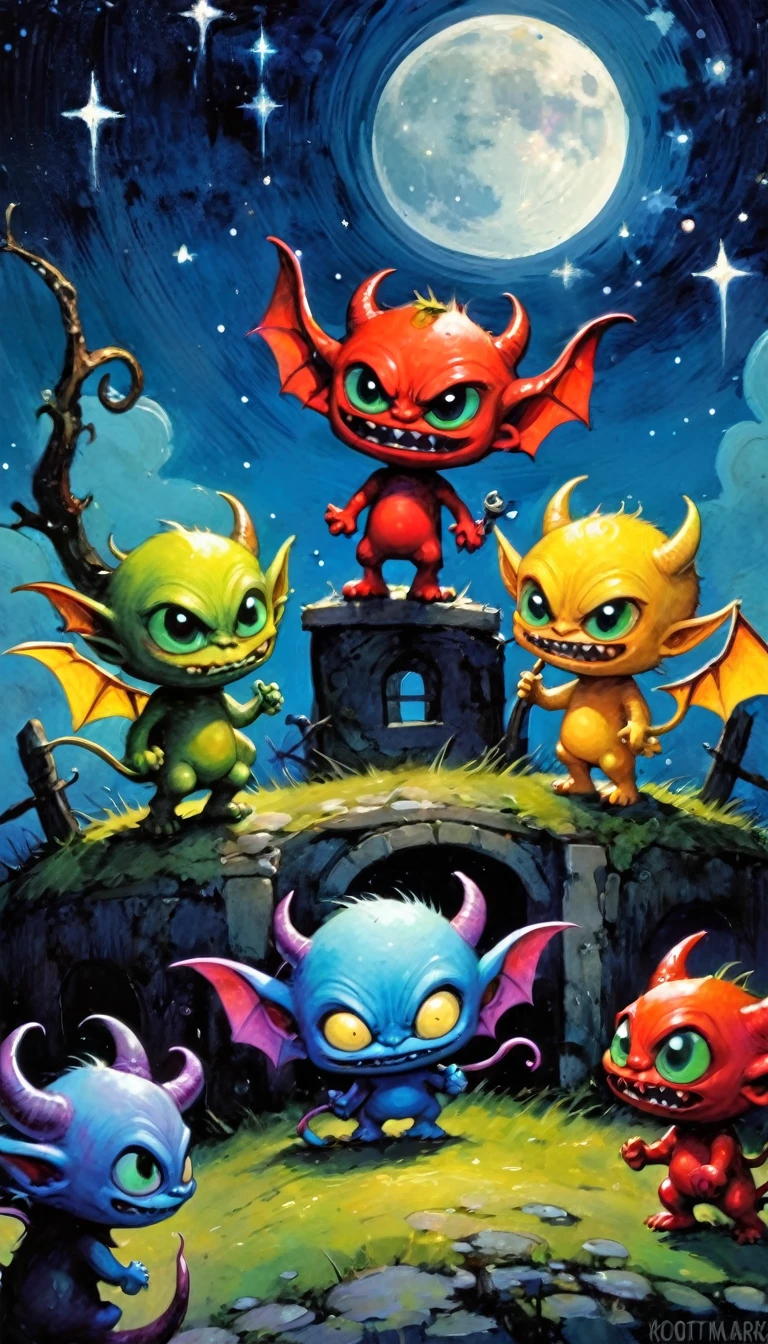 several little demons fight, village of funny little demons, awesome scenery, funny little demons, magical, fantastic, night sky, moon, stars, cute, adorable, background, (demon houses)(art inspired by Skottie Young and Bill Sienkiewicz). oil painting)
