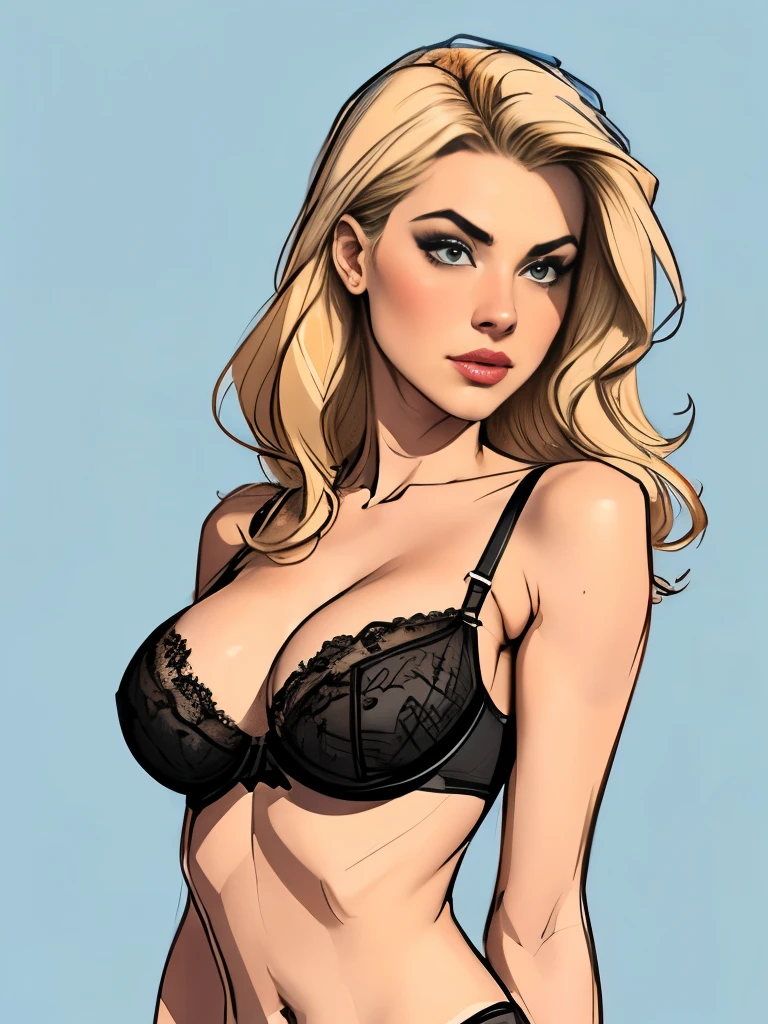 Medium full shot. sketch. 1 ultra hot gorgeous woman. Age 23.,blonde hair. Blue background. Black sheer D cup bra. ((Black and white sketch)).