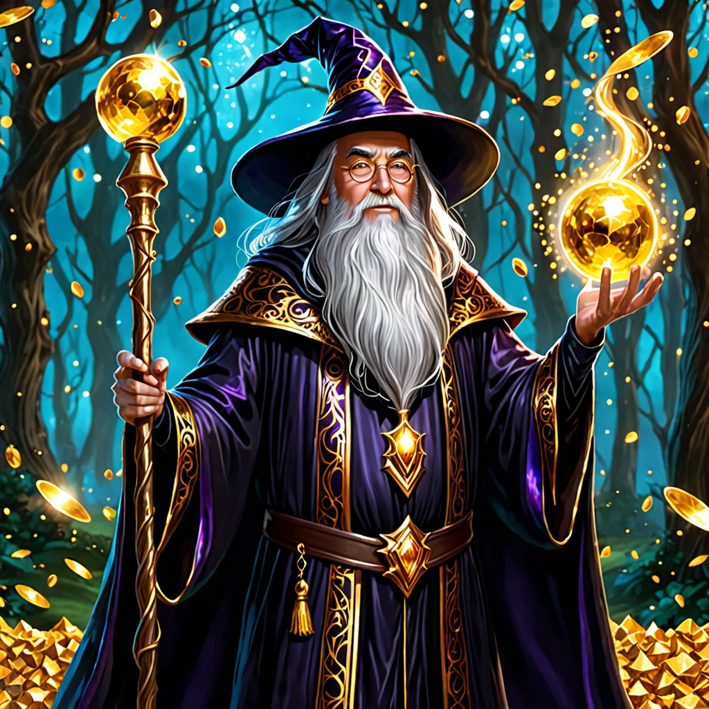 A dark wizard wizard with high quality in a totally magical theme with lots of gold