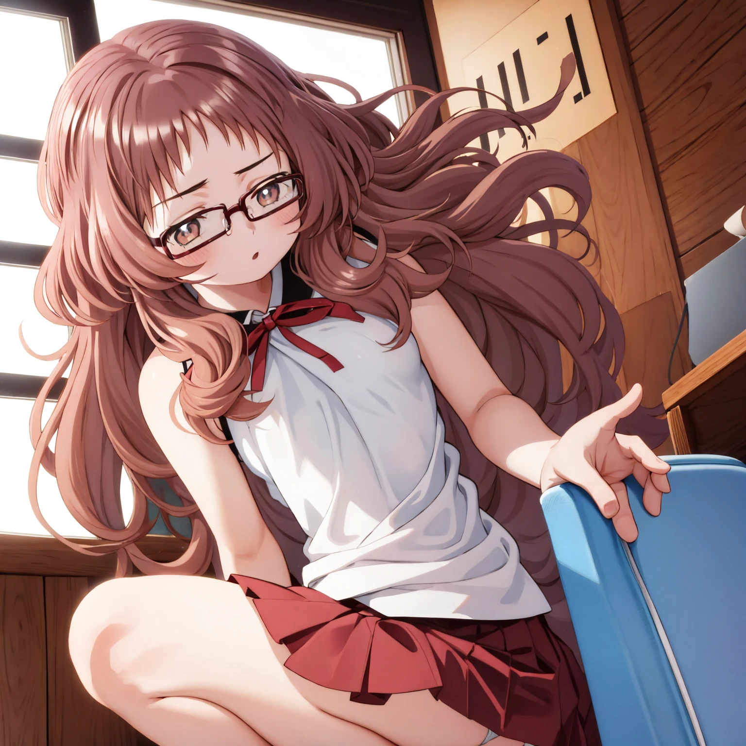 Aimi、1 Girl、Wavy Hair、Glasses、Small breasts、He is short、、High resolution、Highest quality、Detailed face、Fine grain、White panties、Squat、Look at this、skirt