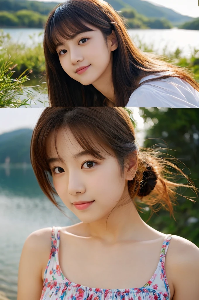(((​masterpiece))), (One beautiful Japan girl，Pure Innocence，Innocence，kawaii) ，超A high resolution, Realistic, ultra-detailliert, 8K,top-quality, Extremely detailed, Detailed background,A slender,(a ，kawaii系,adorable 14 year oerfect body:1.1)，Super Detailed Face、Detailed lips、A detailed eye、Photorealistic:1.37，no-makeup，small gravure idol，masutepiece, Best Quality,（small tits）top-quality、masuter piece、超A high resolution、8k、Summer sky、early summer、((Pink ruffled tops、a miniskirt、high-heels))、Lori、1人、Digital Enhancement、flowing fabric、Close Up、(Shoulder-length hair length and short braid))、wetting hair、Staring at us from the front、Soft drawing、Beautiful black hair、clear eyes、((teasing smile))、Clear face depiction、top-quality色、hand gesture、Landscape with nature、look up sky、Angles that can be seen up to your feet，A smile、Please show me your beautiful teeth，beautiful off shoulder clavicle，a miniskirt、Peach-colored cheeks，