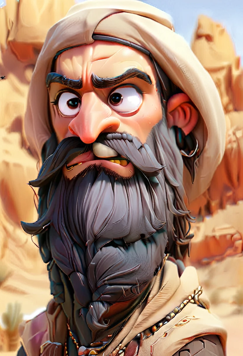 arab men , big beard , desert background , 3D Render Style , face portrait
