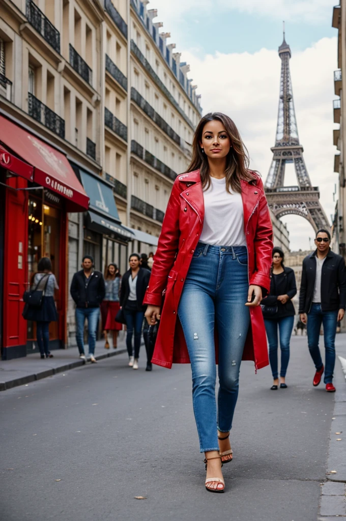 A woman with a red jacket and jeans and sandals in Paris with a perreo and a white dove