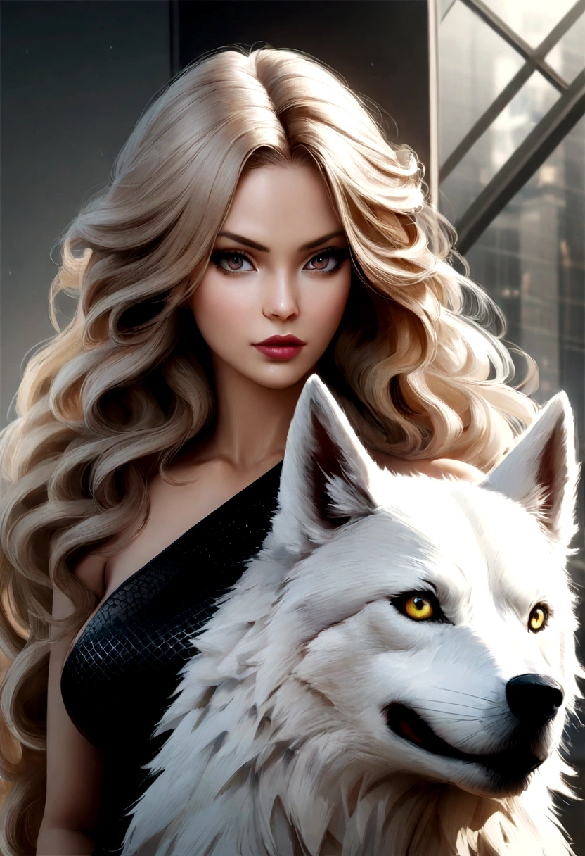 a beautiful woman, a white wolf, fair skin, long brown curly hair, a white-fur wolf behind her, revenge, fierce, luxury modern background, 4k, hd, hyoer-realistic