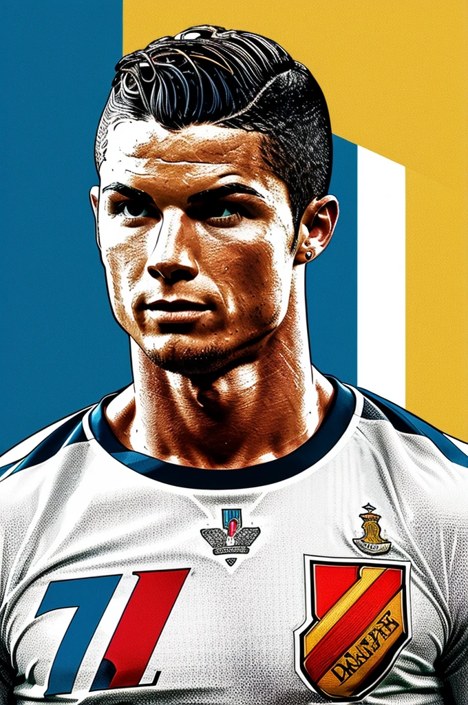 Engraving of footballer Cristiano Ronaldo flat colors arts graphic modern commercial style artistic portrait. Three color 1990s graphic style
