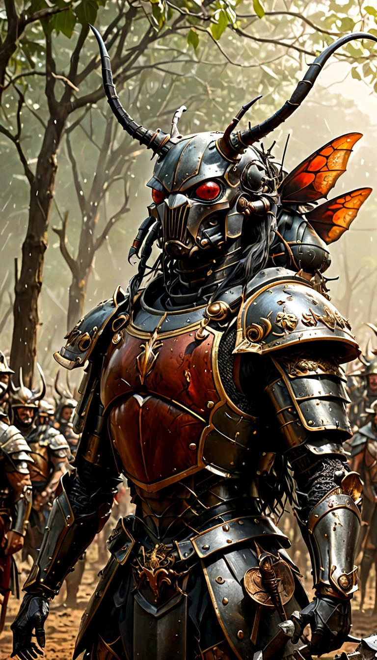 stag beetle with armor already for the war battle has 300 warriors in the background of the battle misty raining cloudy(Obra de arte), (melhor qualidade), (Super Detalhe), (cabelo desgrenhado), (illustration), (1 garota), (entrevista), (Brief history), lindos olhos detalhados, rosto delicado e lindo, flutuando, (High Saturation), (brilhar), foco no rosto, Cabelo preto, franja, Sorriso completo, flutuando Hair. garota, donzela apaixonada, illustration pixiv, maximum quality, Super detalhado, Sorriso, esperto, rosto bonito, 4K, natureza, sunlight through the trees,