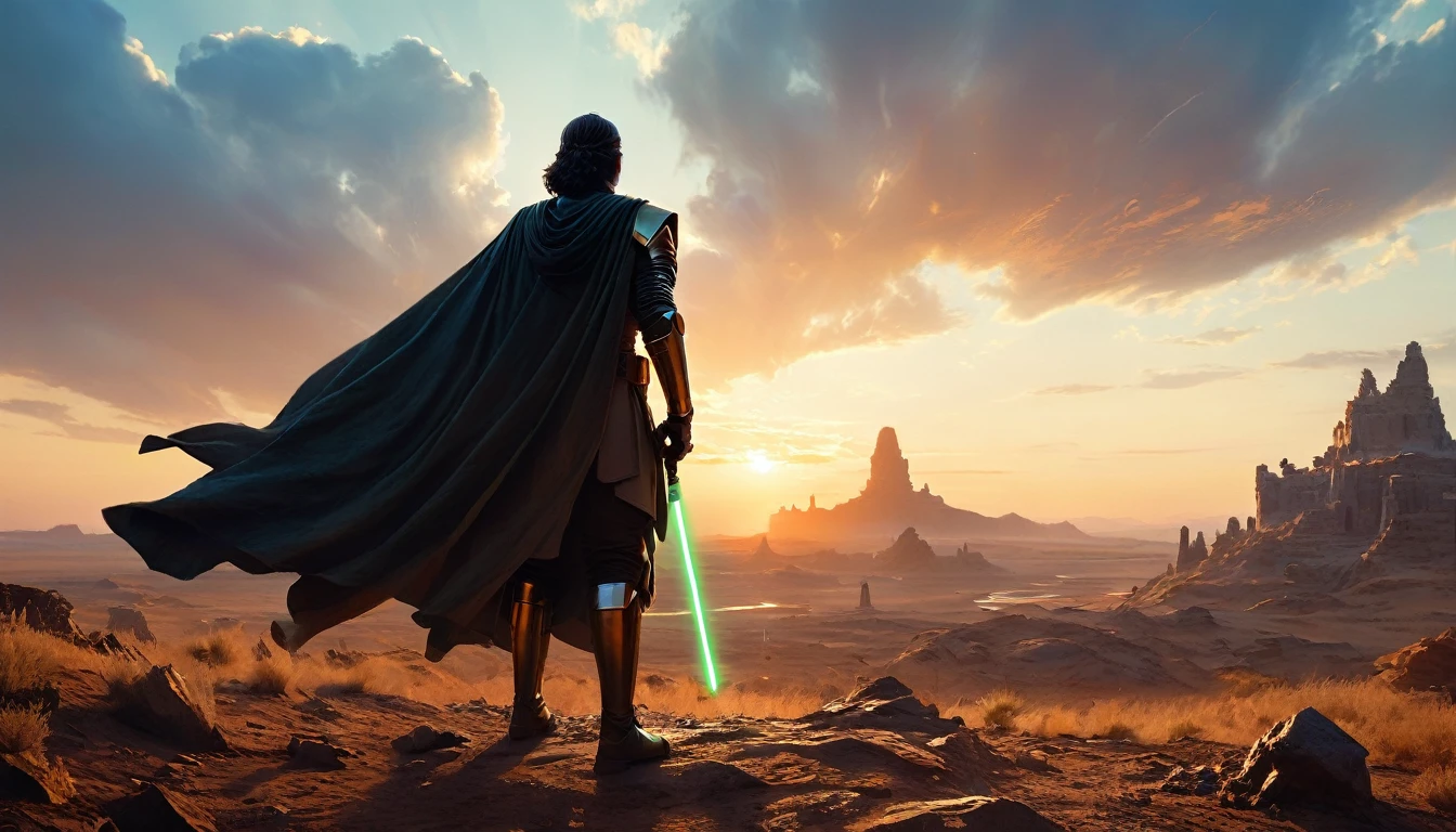 View a vast desert landscape bathed in golden twilight, evoking the iconic Star Wars look. No centro da cena, a Jedi in a flowing cape stands silhouetted against the orange sky, your glowing blue lightsaber in your hand, pronto para enfrentar qualquer desafio. The ruins of an ancient civilization rise majestically in the background, and the remains of a fallen AT-AT adorn the landscape. The atmosphere is charged with expectation, as if an epic battle was about to begin.hyper realistic composition,32k resolution,cinematic composition,cinematic color grading.photography whit Phaseone 85mm,death of field lens.