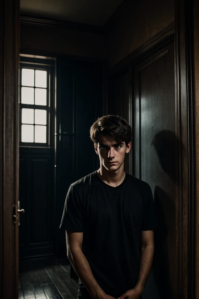 An image of an adult boy in his 20s with a look of fear on his face inside a somewhat dark and mysterious house