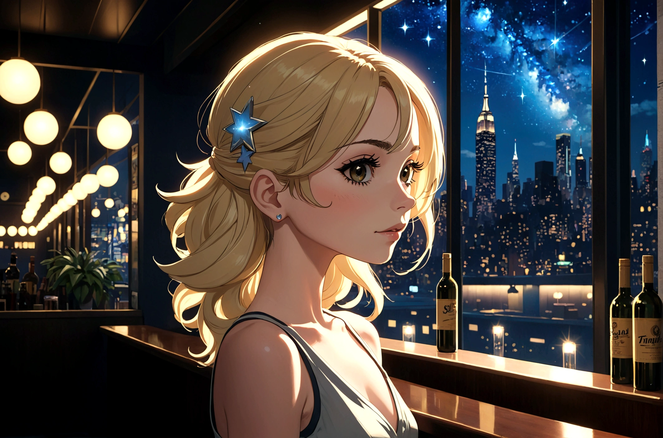 Uses Makoto Shinkai&#39;The depiction is perfect,Portrait of Kate Beckinsale,8k 4k masterpiece photo ,new york,Glass ceiling jazz bar,I can see the twinkling stars through the glass window.,that&#39;Outside in the dark night,Jazz is playing,Profile close-up,Beautiful profile,Calm expression,Semi-long hair,Blonde,Look in a different direction,Standing alone at the counter,Small bust in casual dress