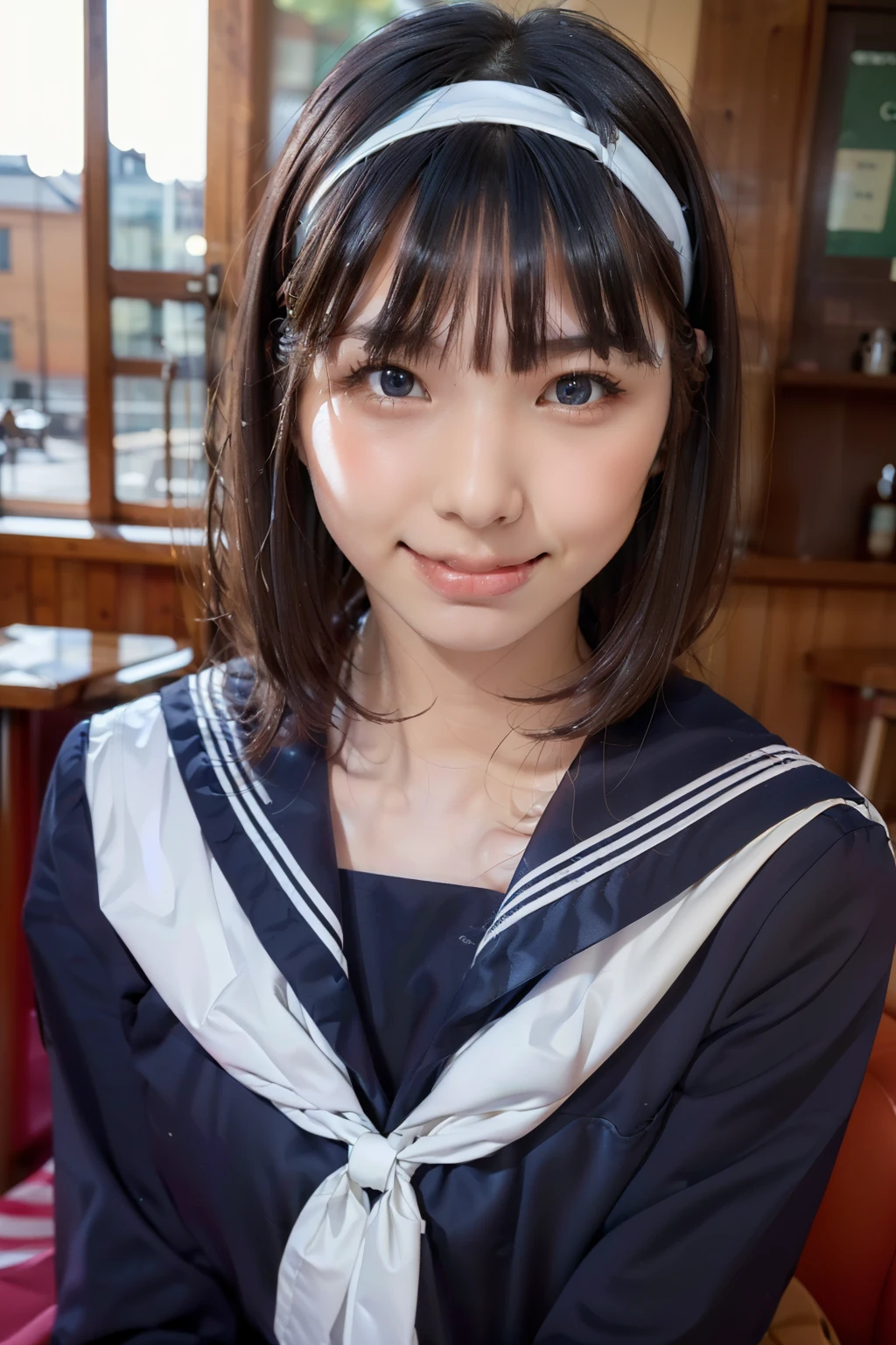 Sailor suit, One Woman, (Beautiful woman, delicate :1.3), Black Hair, Short bobcut, bangs, (8k), (highest quality: 1.2), (Realistic), (Realistic: 1.37), (masterpiece), (Ultra-high resolution), (RAW Photos), (Absolute Resolution), (((face is small compared to body: 1.4))), (((Small face:1.4))), A balanced face, (Small Mouth: 1.4), ((Slim female body: 1.4)), (((long sleeve Sailor suit))), Realistic high school girl, (White headband:1.4), Small breasts, Slanted Eyes, Bright Blue Eyes, (Cafe on the open terrace), smile, Blurred, ((Full Body Shot)), Black Stockings, Black garter belt, Three white lines on the collar of a sailor suit,