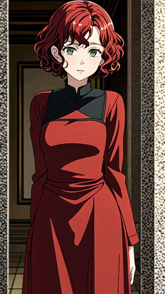 woman with short, curly red hair and beautiful green eyes