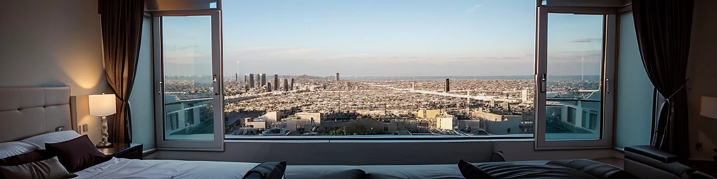 No person, only the room, overlooking the city, los angles, mansion, modern mansion, window, empty bedsexy bedroom, inviting, bed