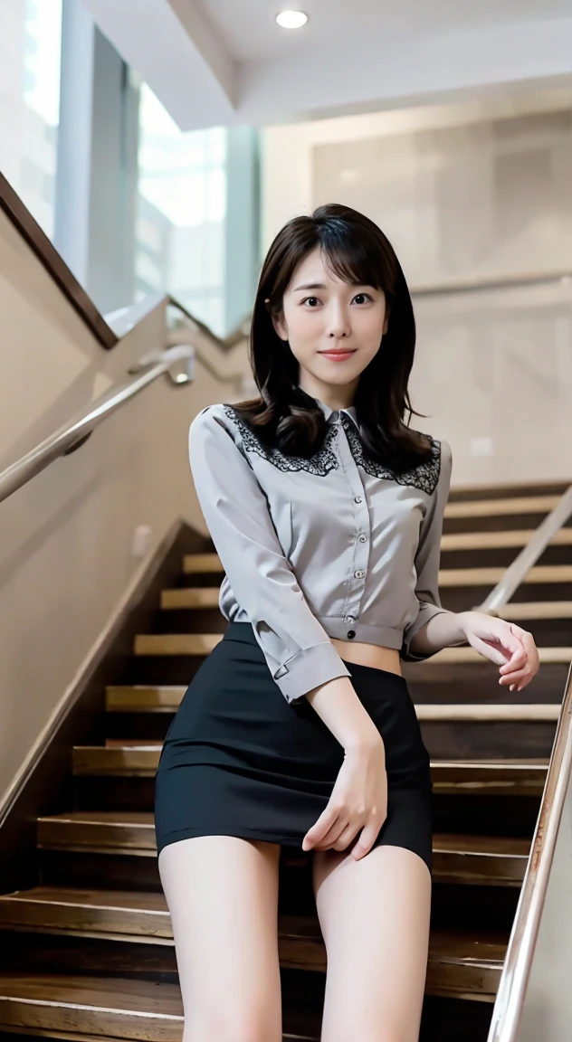 Tabletop, Highest quality, 8k, office lady、De Marico、Award-winning portraits, blush、 alone,  Digital single-lens reflex camera, Looking at the audience, Thin arms, whole body、Professional Lighting ,{Sit on the stairs},Gray office suit、 Tight mini skirt,Black Hair, hairpin、black and white lace panties