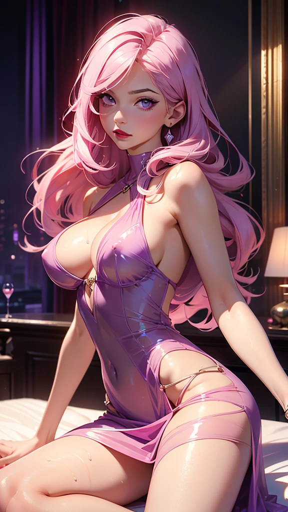 Best Quality, Masterpiece, Portrait, Perfect Anatomy, Femininity, Cool, Flawless, One Woman, Solo, Sexy, Stylish, Mature, Purple Eyes, Long Light Pink Hair, Big Breasts, Wet Nipples, Sheer Dress, Evening, Cocktail Glass, bed, black bed, red lipstick, long hair