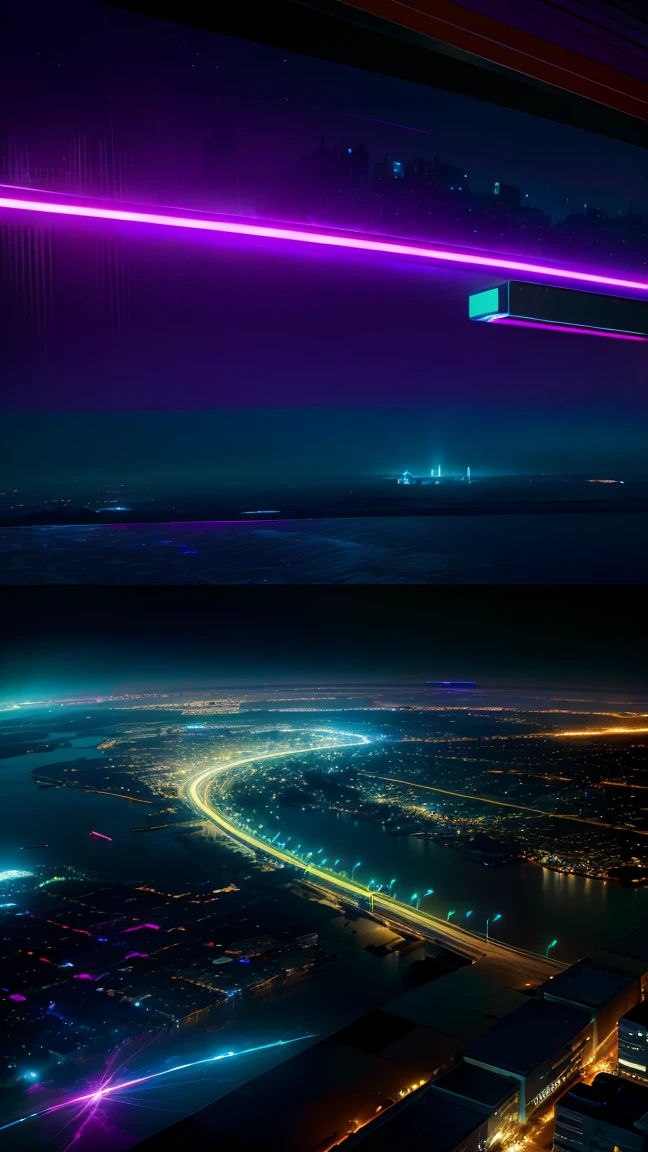 conceito:(((This is an aerial photographic masterpiece of a near-future city, portraying a cyberpunk worldview.)))。 qualidade:(mais alta qualidade, 4K, 8K, high resolution, Obra de arte:1.2), Super detalhado, (realista, fotorrealista, fotorrealista:1.37), lighting:cinematic light, Cores brilhantes e efeitos hipnotizantes em tons de roxo e azul, contrast between darkness and bright light, sombras e destaques, Elementos SF, Subject information:Aerial photo of Cyber City, de cima, skyscraper, arquitetura futurista, glowing neon lights, Amazing skyline, Advanced technology, ((hovering vehicle)), (((Uma bela imagem de uma cibercidade desenhada na perspectiva de cima:1.3))) Outros detalhes: atmosfera animada, Holographic advertising, cyberpunk aesthetic, tons azulados, some stars shining in the sky, Space background, tecnologias emergentes, densidade urbana, energy and excitement, Metropolis of the future, attractive composition, neon glow, Cores ricas, soft brushstroke technique, textura detalhada, escala impressionante, (((projeto ciberpunk))), Projeto elaborado, escala impressionante, 大気lighting, detalhes cativantes, visuais cativantes, artistic, 500㎜, f/4, photoshoot,