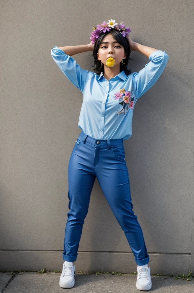 Personaje de roblox chica, flowers above his head skin-colored shirt blue pants a little torn anime and surprised mouth