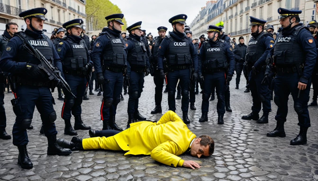 President macron france self-murder suicid autentique avec le mit ecrit 49.3 en gros 49.3 hud script style uban revolte giler jaune manifestation france fight with cops uhd ultra definition hd